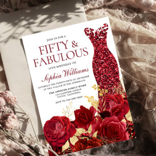 Sparkle Red Dress Roses Gold Leaf 50th Birthday  Invitation