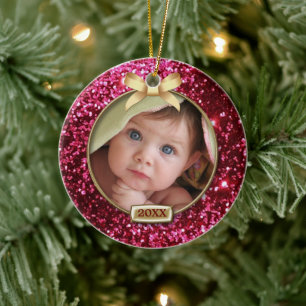 Sparkle Red/Gold Bow Photo Ceramic Tree Decoration