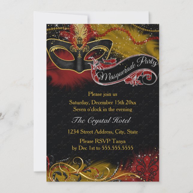 Sparkle Red & Gold Feather Mask Masquerade Invite (Front)