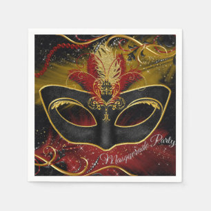 Sparkle Red & Gold Feather Mask Masquerade Napkin