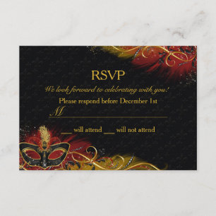 Sparkle Red & Gold Feather Mask Masquerade RSVP Invitation