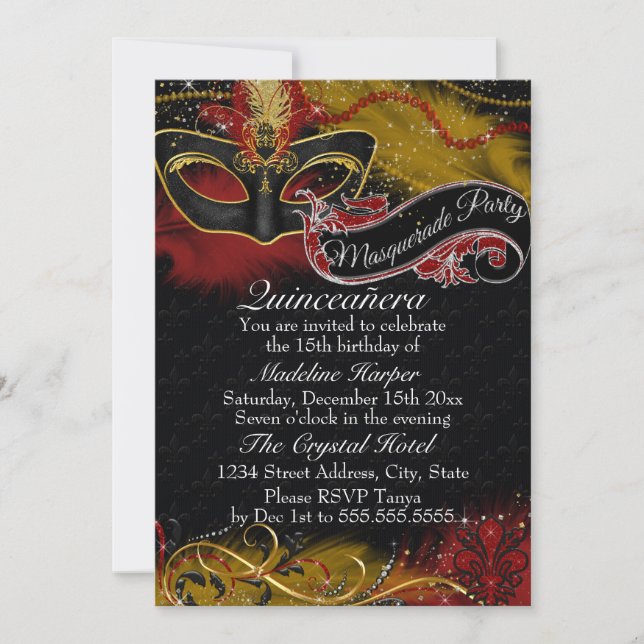 Sparkle Red & Gold Mask Masquerade Quinceanera Invitation (Front)