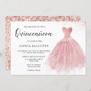 Sparkle Rose Gold Blush Gown Quinceanera Party Invitation