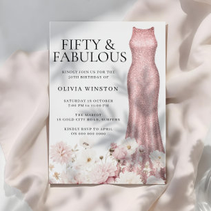 Sparkle Rose Gold Dress Blush Floral 50th Birthday Invitation