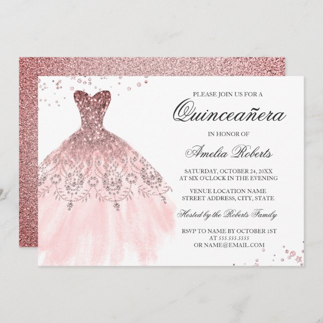 Sparkle Rose Gold Dress Quinceanera Invitation (Front/Back)