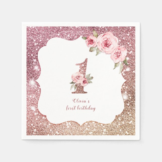 Sparkle rose gold glitter and floral 1st birthday napkin (Front)