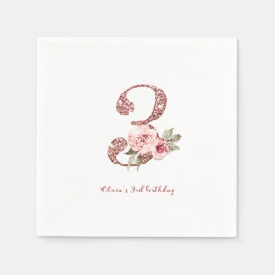 Sparkle rose gold glitter and floral 3rd birthday napkin