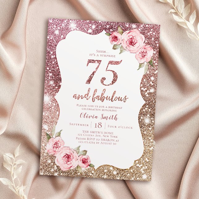 Sparkle rose gold glitter and floral 75th birthday invitation (Sparkle rose gold glitter and floral 75th birthday invitation)