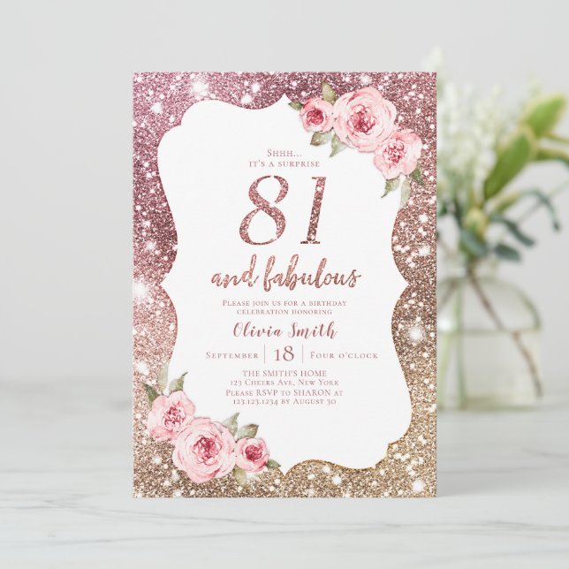 Sparkle rose gold glitter and floral 81st birthday invitation (Standing Front)