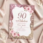 Sparkle rose gold glitter and floral 90th birthday invitation<br><div class="desc">Faux rose gold sparkle glitter background and blush pink floral with "90 and fabulous" script in centre,  elegant and stylish,  great 90th birthday party invitations.</div>