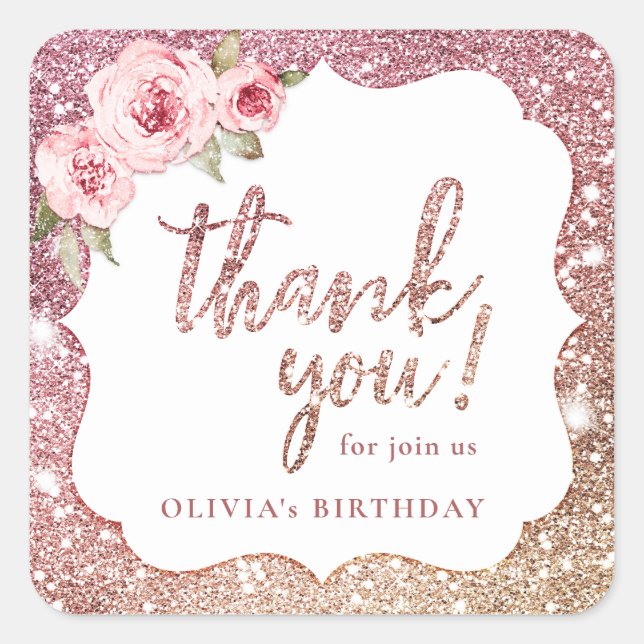 Sparkle rose gold glitter and floral thank you square sticker (Front)