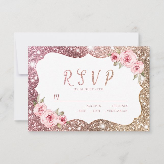 Sparkle rose gold glitter and floral wedding RSVP (Front)