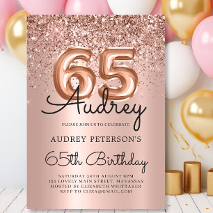 Sparkle Rose Gold Glitter Balloon 65th Birthday Invitation