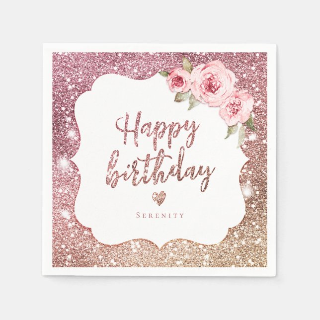 Sparkle rose gold glitter floral happy birthday napkin (Front)