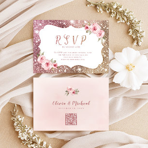 Sparkle rose gold glitter floral wedding QR code RSVP Card