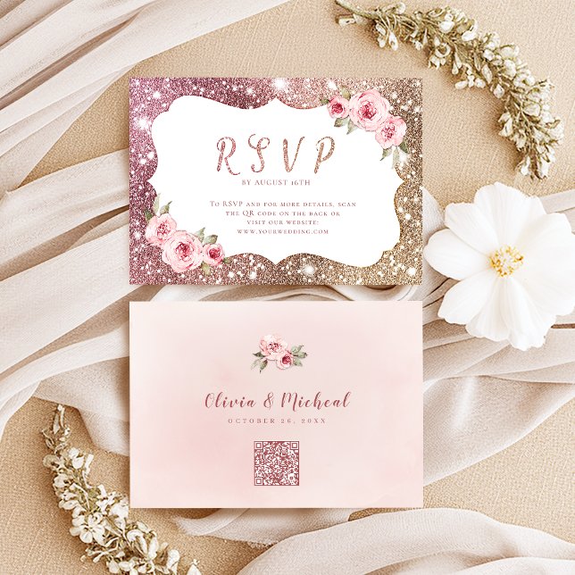 Sparkle rose gold glitter floral wedding QR code RSVP Card (Sparkle rose gold glitter floral wedding QR code RSVP Card)