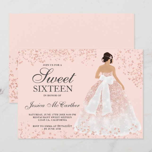 Sparkle rose gold glitter gown dress chic Sweet 16 Invitation (Front/Back)