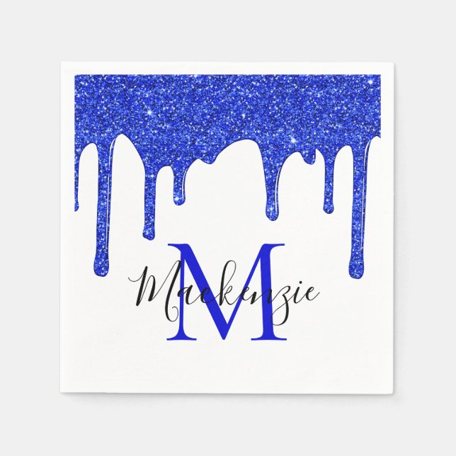 Sparkle Royal Blue Glitter Drips Monogram Napkin (Front)