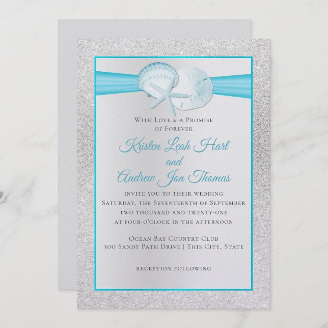Sparkle Shells Tropical Blue Beach Wedding Invitation (Front/Back)