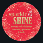 Sparkle Shine Gold typography Merry Christmas Red Classic Round Sticker<br><div class="desc">Sparkle Shine Gold typography Merry Christmas. Classy gold on festive red!</div>
