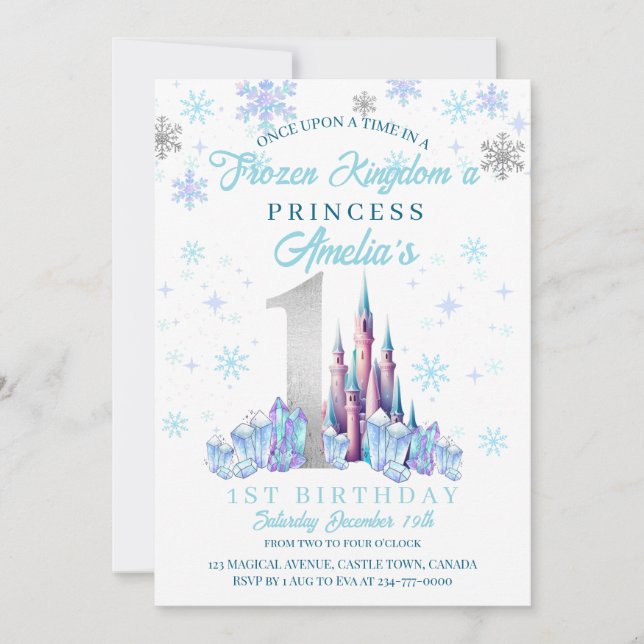 Sparkle Silver Frozen Kingdom Castle 1st Birthday  Invitation (Front)