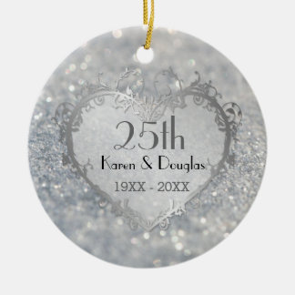 Sparkle Silver Heart 25th Wedding Anniversary Ceramic Tree Decoration
