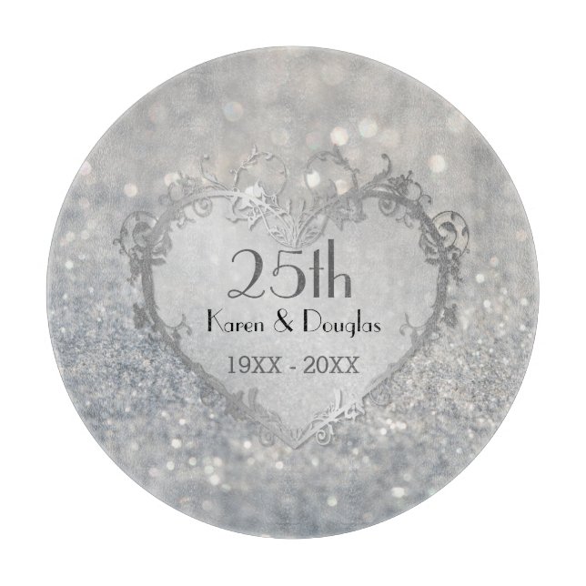 Sparkle Silver Heart 25th Wedding Anniversary Cutting Board (Front)