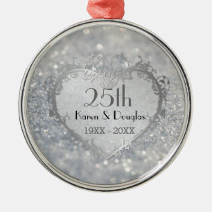 Sparkle Silver Heart 25th Wedding Anniversary Metal Tree Decoration