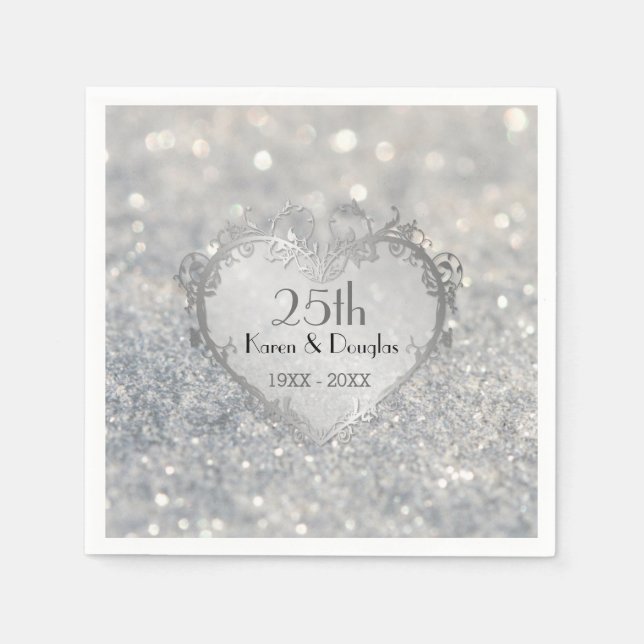 Sparkle Silver Heart 25th Wedding Anniversary Napkin (Front)