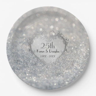 Sparkle Silver Heart 25th Wedding Anniversary Paper Plate