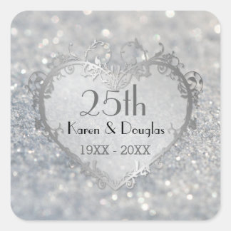 Sparkle Silver Heart 25th Wedding Anniversary Square Sticker