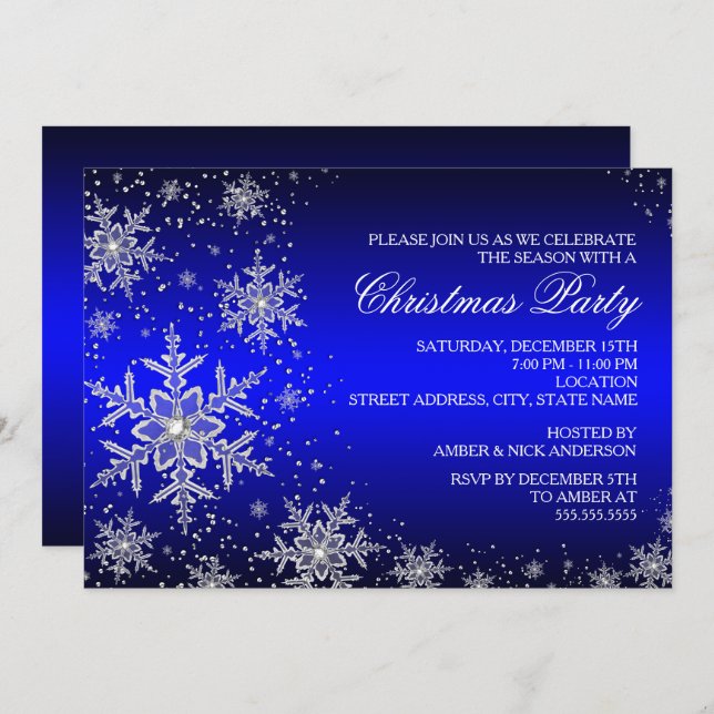 Sparkle Snowflake Blue Christmas Party Invite (Front/Back)