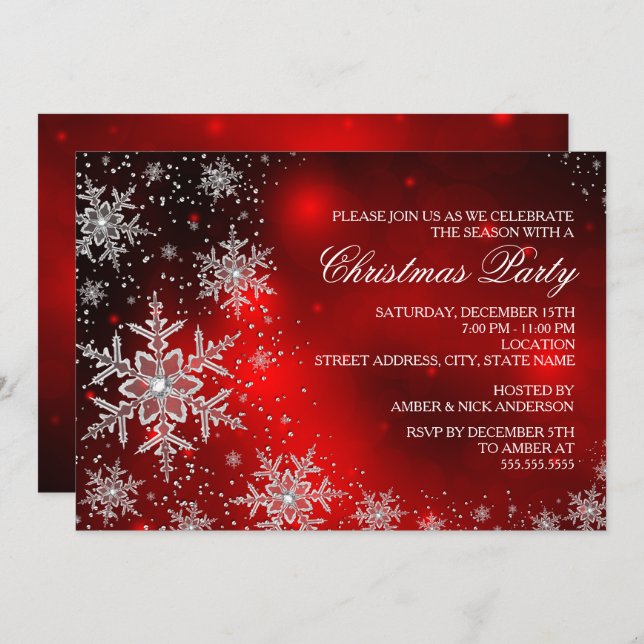 Sparkle Snowflake Red Christmas Party Invite (Front/Back)