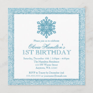 Sparkle Snowflake Teal 1st Birthday Invitation