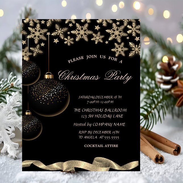Sparkle Snowflakes Black Balls Corporate Christmas Invitation (Creator Uploaded)