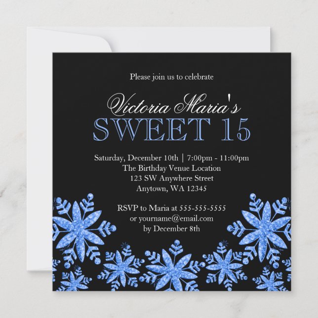 Sparkle Snowflakes Blue Sweet 15 Winter Wonderland Invitation (Front)