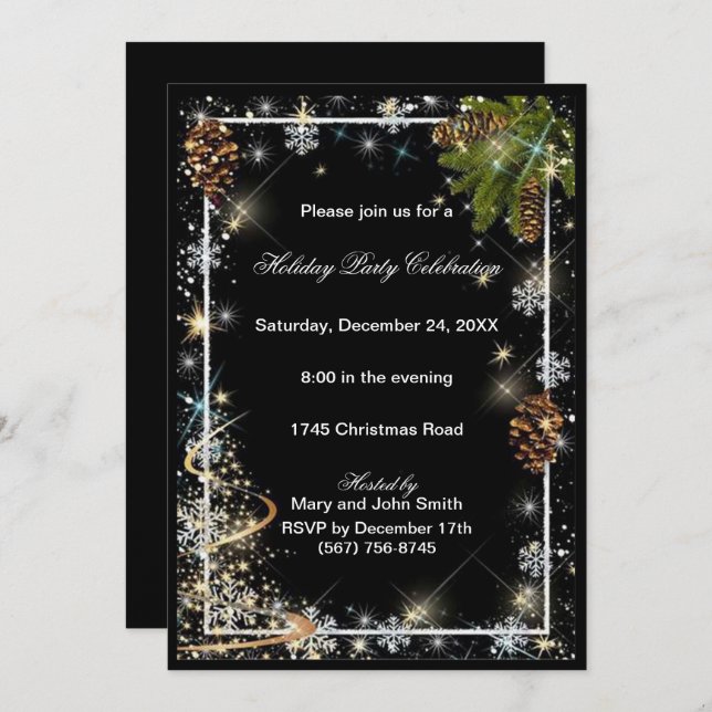 Sparkle Snowflakes Pine Cones Christmas Party Invitation (Front/Back)