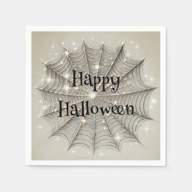 Sparkle Spiderweb Whimsical Tan Halloween Party Napkin (Front)