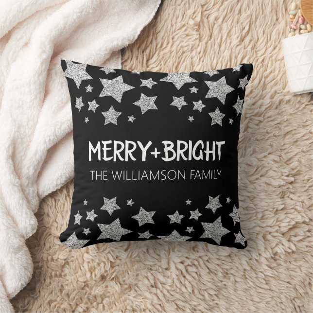 Sparkle Star Merry bright Christmas silver black Cushion (Blanket)