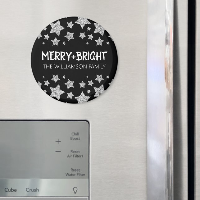Sparkle Star Merry bright Christmas silver black Magnet (In Situ (Fridge))