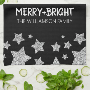 Sparkle Star Merry bright Christmas silver black Tea Towel