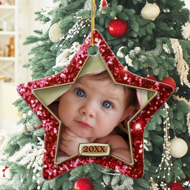 Sparkle Star Red/Gold Photo Ceramic Tree Decoration (Creator Uploaded)
