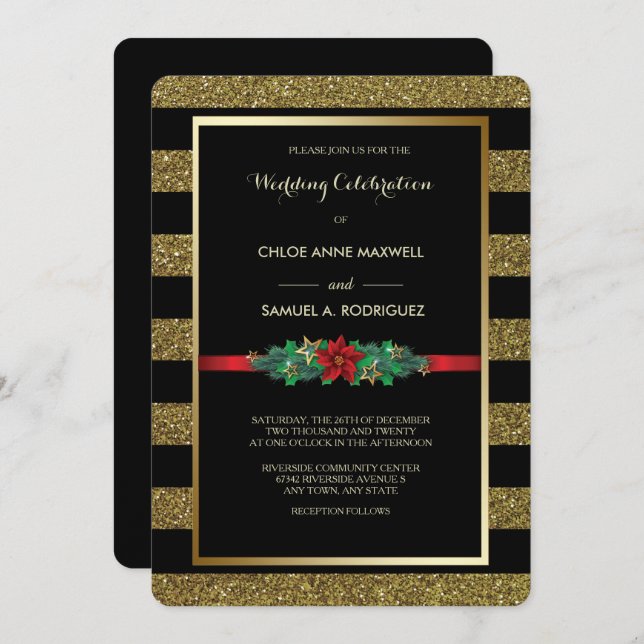 Sparkle Stripe Christmas Poinsettia Wedding Invite (Front/Back)