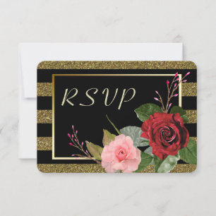 Sparkle Stripe Pink Red Roses Wedding RSVP Card