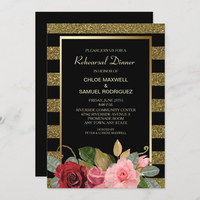 Sparkle Stripe Rose Wedding Rehearsal Dinner Invitation (Front/Back)