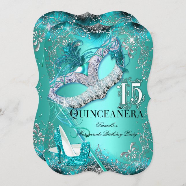 Sparkle Teal Masquerade Quinceanera Birthday Invitation (Front/Back)