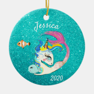 Sparkle Teal Mermaid Unicorn Personalised glitter Ceramic Tree Decoration