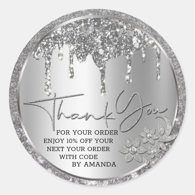 Sparkle Thank You Silver Dripping Glitter Classic Round Sticker (Front)