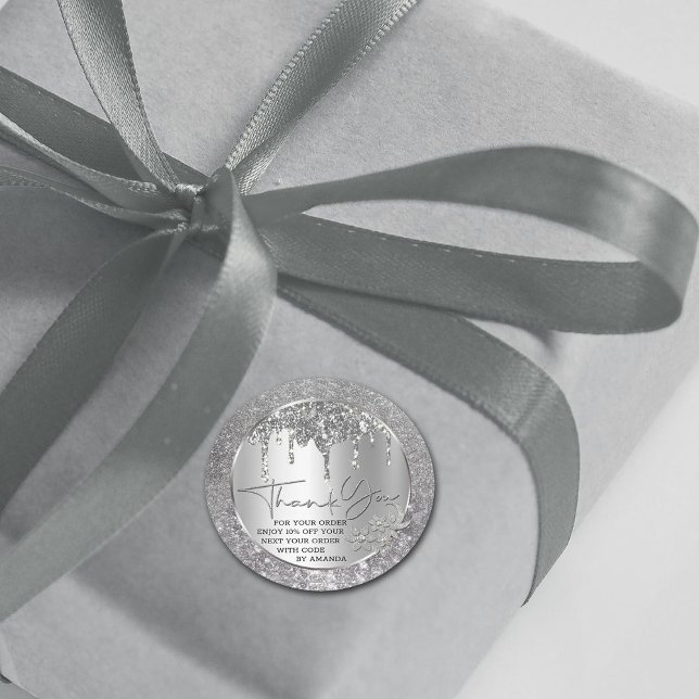 Sparkle Thank You Silver Dripping Glitter Classic  Round Sticker (Creator Uploaded)