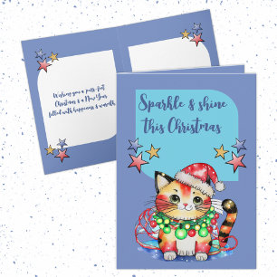 Sparkle this Christmas cute cat stars blue Holiday Card